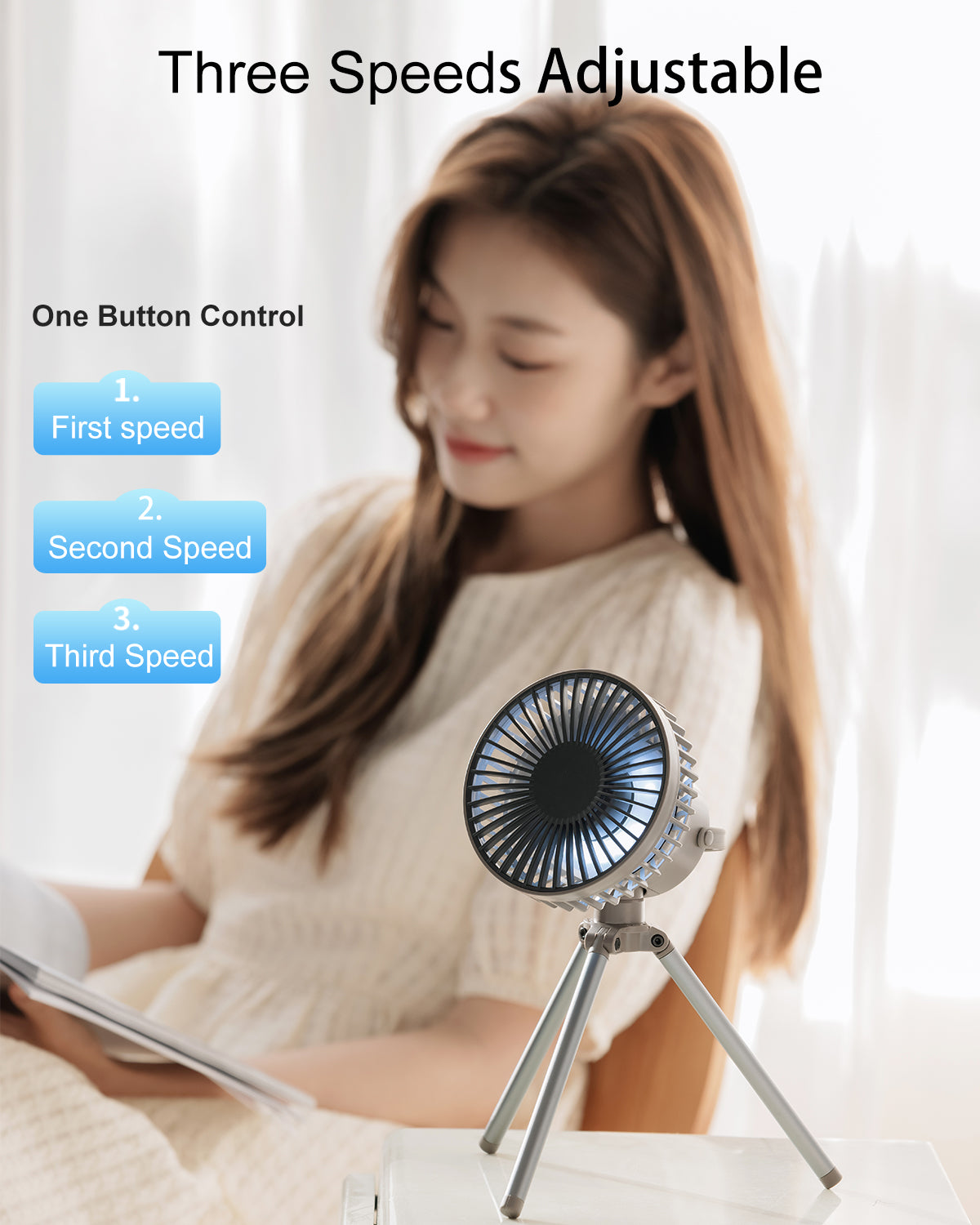 SmaFun Portable Rechargeable Desk Fan, Strong Wind and Quiet Table Fan with Adjustable 3 Speeds and 3 Light, Removeable Tripods Box Fan Suitable for Indoor and Outdoor